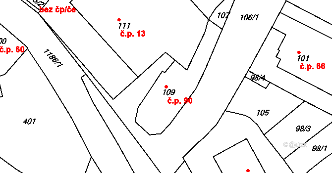 Domanín 90, Bystřice nad Pernštejnem na parcele st. 109 v KÚ Domanín u Bystřice nad Pernštejnem, Katastrální mapa