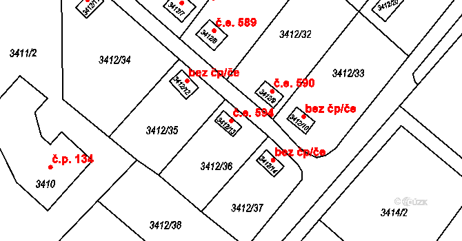 Lutyně 594, Orlová na parcele st. 3412/13 v KÚ Horní Lutyně, Katastrální mapa
