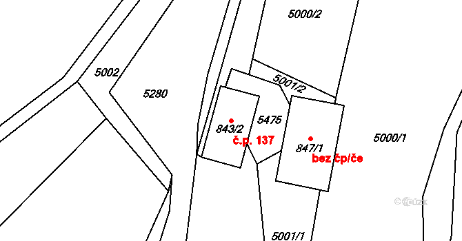 Štítná nad Vláří 137, Štítná nad Vláří-Popov na parcele st. 843/2 v KÚ Štítná nad Vláří, Katastrální mapa
