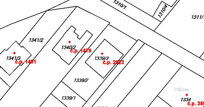 Kouty 2023, Kravaře na parcele st. 1339/3 v KÚ Kravaře ve Slezsku, Katastrální mapa