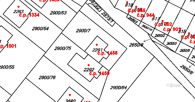 Rosice 1458 na parcele st. 2291 v KÚ Rosice u Brna, Katastrální mapa