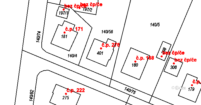 Kojetice 276 na parcele st. 401 v KÚ Kojetice u Prahy, Katastrální mapa