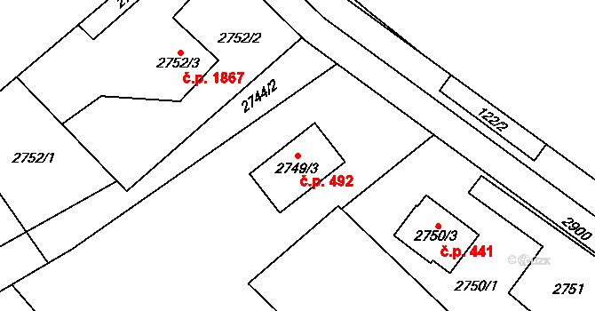 Hranice 492, Karviná na parcele st. 2749/3 v KÚ Karviná-město, Katastrální mapa
