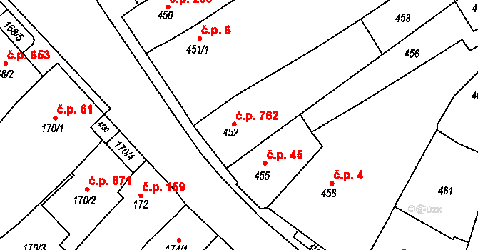 Bosonohy 762, Brno na parcele st. 452 v KÚ Bosonohy, Katastrální mapa