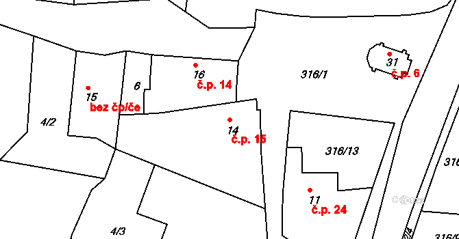 Brčekoly 15, Rosice na parcele st. 14 v KÚ Brčekoly, Katastrální mapa