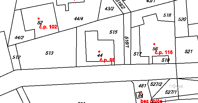 Raškov 98, Bohdíkov na parcele st. 44 v KÚ Raškov Dvůr, Katastrální mapa