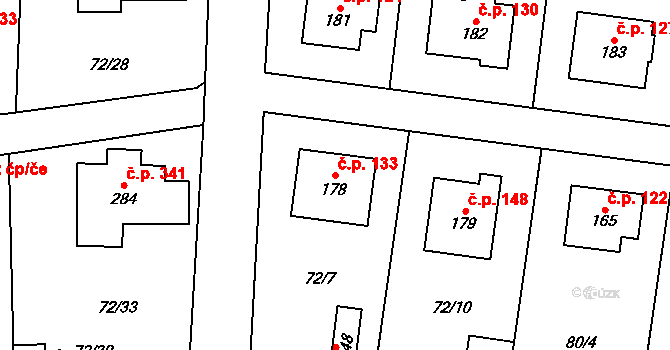 Tuchoměřice 133 na parcele st. 178 v KÚ Tuchoměřice, Katastrální mapa