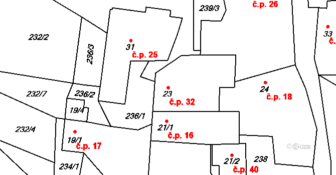 Malešín 32, Vodice na parcele st. 23 v KÚ Malešín u Vodice, Katastrální mapa