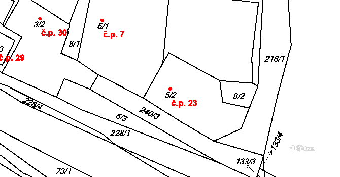 Přísednice 23, Zbiroh na parcele st. 5/2 v KÚ Přísednice, Katastrální mapa