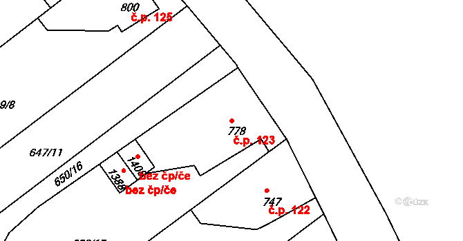 Olivětín 123, Broumov na parcele st. 778 v KÚ Broumov, Katastrální mapa