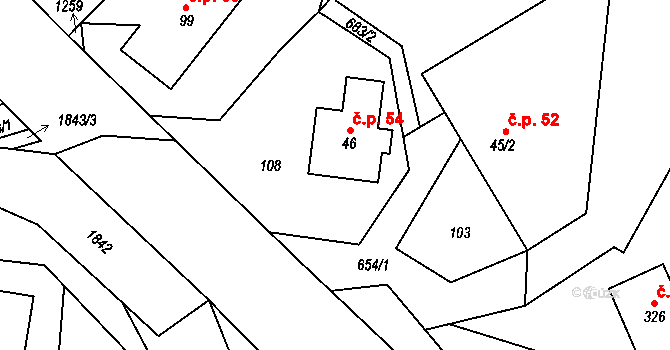 Hrabišín 54 na parcele st. 46 v KÚ Hrabišín, Katastrální mapa