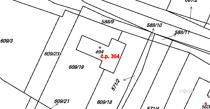Příchovice 304 na parcele st. 494 v KÚ Příchovice u Přeštic, Katastrální mapa