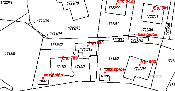 Miřetice u Klášterce nad Ohří 881, Klášterec nad Ohří na parcele st. 1713/19 v KÚ Miřetice u Klášterce nad Ohří, Katastrální mapa
