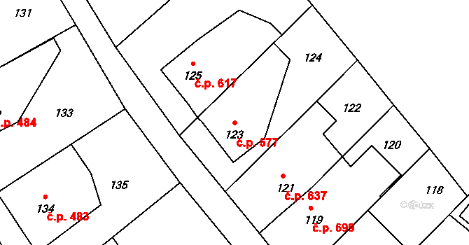 Kopřivnice 577 na parcele st. 123 v KÚ Kopřivnice, Katastrální mapa