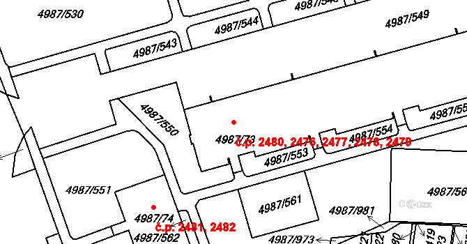 Louny 2476,2477,2478,2479, na parcele st. 4987/73 v KÚ Louny, Katastrální mapa
