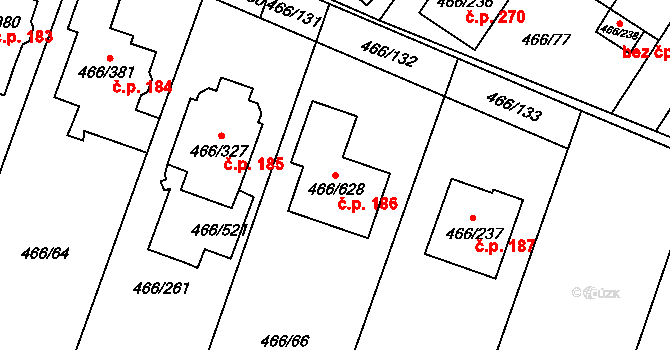 Rebešovice 186 na parcele st. 466/628 v KÚ Rebešovice, Katastrální mapa