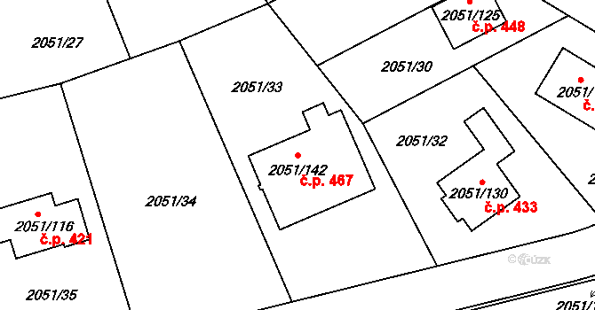Strkov 467, Planá nad Lužnicí na parcele st. 2051/142 v KÚ Planá nad Lužnicí, Katastrální mapa