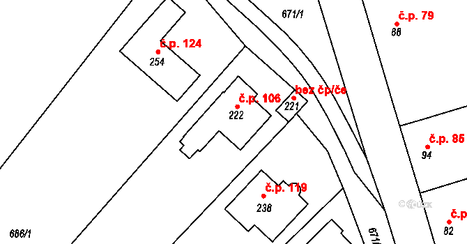 Prostějovičky 106 na parcele st. 222 v KÚ Prostějovičky, Katastrální mapa