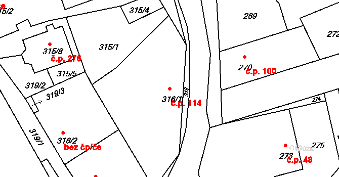 Drahelice 114, Nymburk na parcele st. 316/1 v KÚ Drahelice, Katastrální mapa