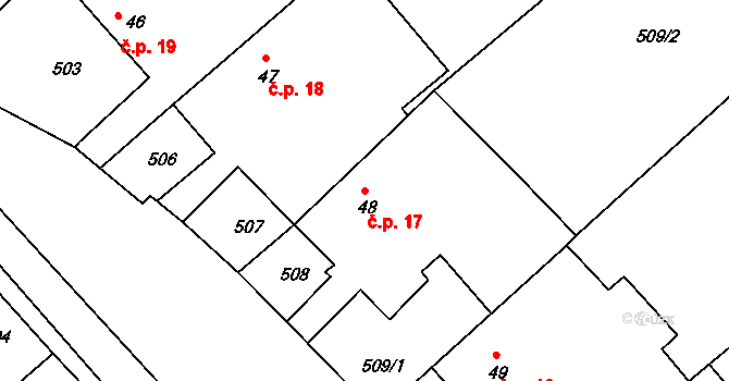 Jedlov 17, Mirošov na parcele st. 48 v KÚ Mirošov u Jihlavy, Katastrální mapa