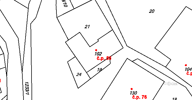 Chmelík 55 na parcele st. 102 v KÚ Chmelík, Katastrální mapa
