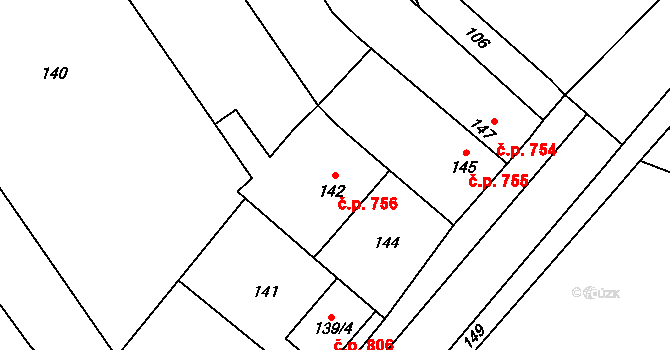 Březce 756, Štěpánov na parcele st. 142 v KÚ Březce, Katastrální mapa