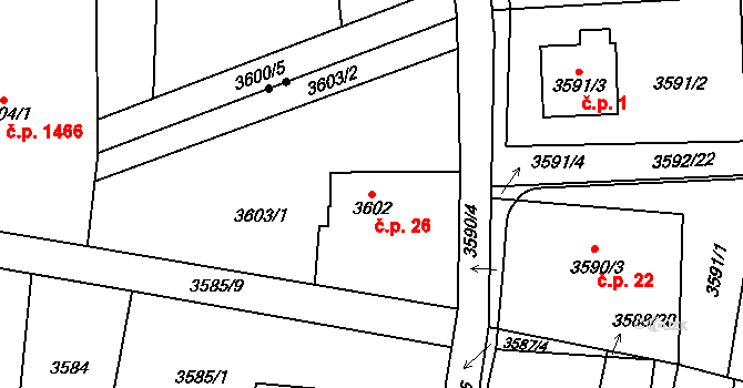 Heřmanice 26, Nová Paka na parcele st. 3602 v KÚ Heřmanice u Nové Paky, Katastrální mapa