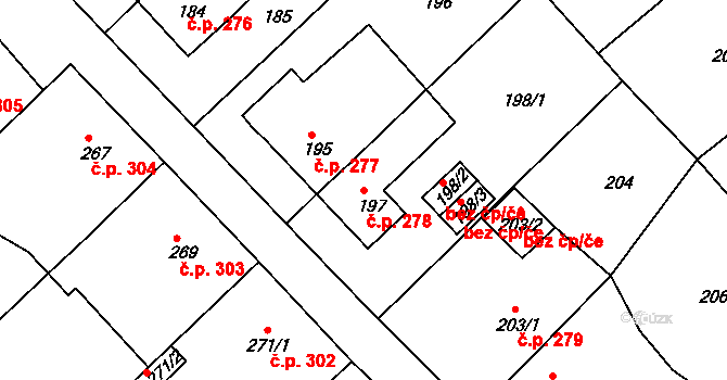 Miřetice u Klášterce nad Ohří 278, Klášterec nad Ohří na parcele st. 197 v KÚ Miřetice u Klášterce nad Ohří, Katastrální mapa