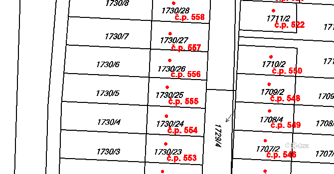 Batelov 555 na parcele st. 1730/25 v KÚ Batelov, Katastrální mapa