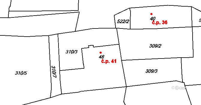 Mradice 41, Postoloprty na parcele st. 48 v KÚ Mradice, Katastrální mapa