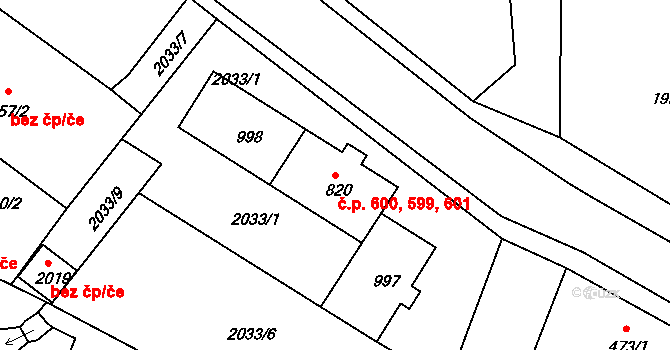 Pacov 599,600,601 na parcele st. 997 v KÚ Pacov, Katastrální mapa