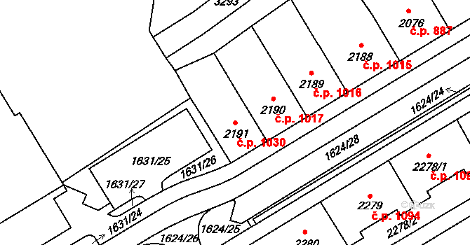 Cheb 1030 na parcele st. 2191 v KÚ Cheb, Katastrální mapa
