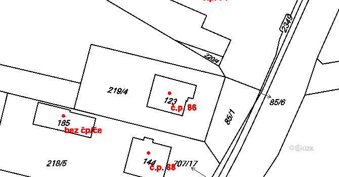 Točník 86, Klatovy na parcele st. 123 v KÚ Točník u Klatov, Katastrální mapa