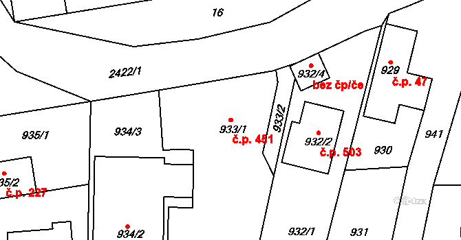 Lipence 451, Praha na parcele st. 933/1 v KÚ Lipence, Katastrální mapa