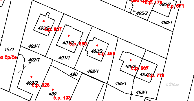 Čimice 458, Praha na parcele st. 488/2 v KÚ Čimice, Katastrální mapa