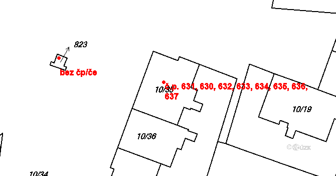 Letňany 630,631,632,633,634,, Praha na parcele st. 10/35 v KÚ Letňany, Katastrální mapa