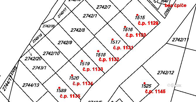Rosice 1132 na parcele st. 1518 v KÚ Rosice u Brna, Katastrální mapa