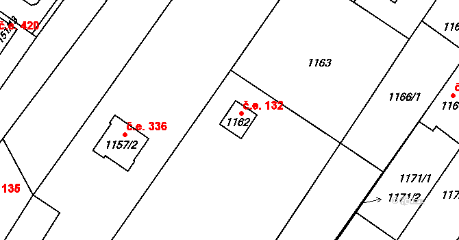 Želešice 132 na parcele st. 1162 v KÚ Želešice, Katastrální mapa