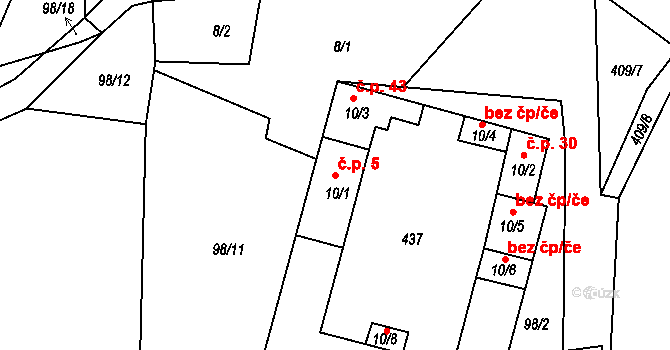 Horní Miletín 5, Lišov na parcele st. 10/1 v KÚ Horní Miletín, Katastrální mapa