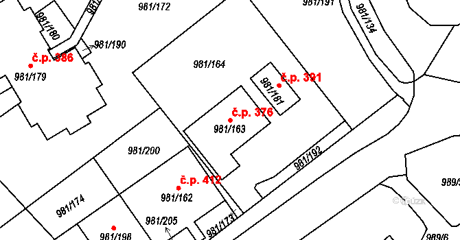 Chlumec 376 na parcele st. 981/163 v KÚ Chlumec u Chabařovic, Katastrální mapa