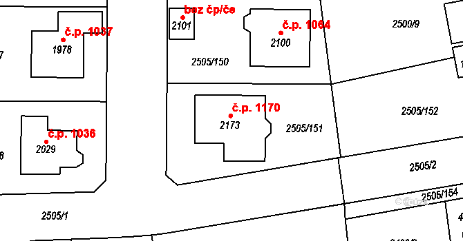 Dobřany 1170 na parcele st. 2173 v KÚ Dobřany, Katastrální mapa