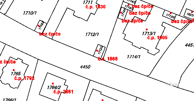 Teplice 1868 na parcele st. 1712/2 v KÚ Teplice, Katastrální mapa