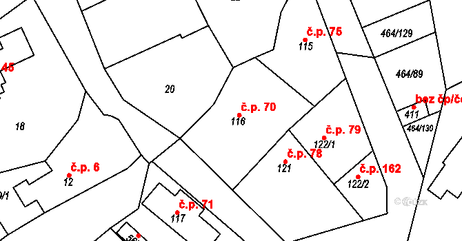 Třebotov 70 na parcele st. 116 v KÚ Třebotov, Katastrální mapa