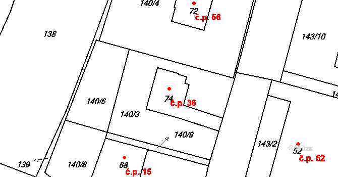 Chotěmice 36 na parcele st. 74 v KÚ Chotěmice, Katastrální mapa