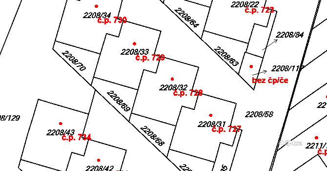 Veselí nad Lužnicí II 728, Veselí nad Lužnicí na parcele st. 2208/32 v KÚ Veselí nad Lužnicí, Katastrální mapa
