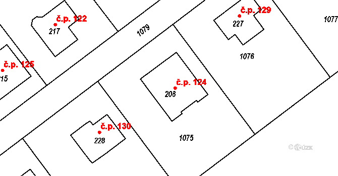 Malý Újezd 124 na parcele st. 208 v KÚ Malý Újezd, Katastrální mapa