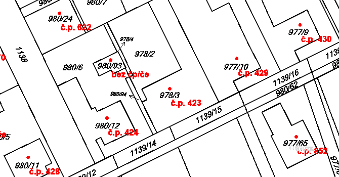 Lázně Bohdaneč 423 na parcele st. 978/3 v KÚ Lázně Bohdaneč, Katastrální mapa