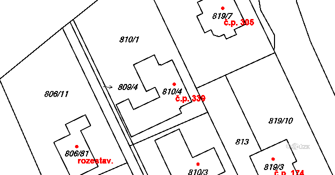 Těchov 339, Blansko na parcele st. 810/4 v KÚ Těchov, Katastrální mapa