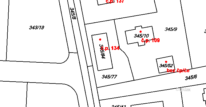 Trubín 134 na parcele st. 345/84 v KÚ Trubín, Katastrální mapa
