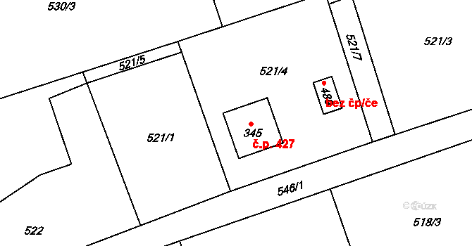 Lubina 427, Kopřivnice na parcele st. 345 v KÚ Drnholec nad Lubinou, Katastrální mapa
